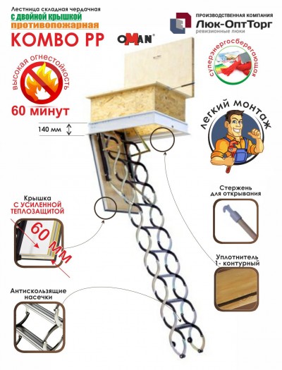 Чердачная противопожарная лестница Oman KOMBO PP h=3000