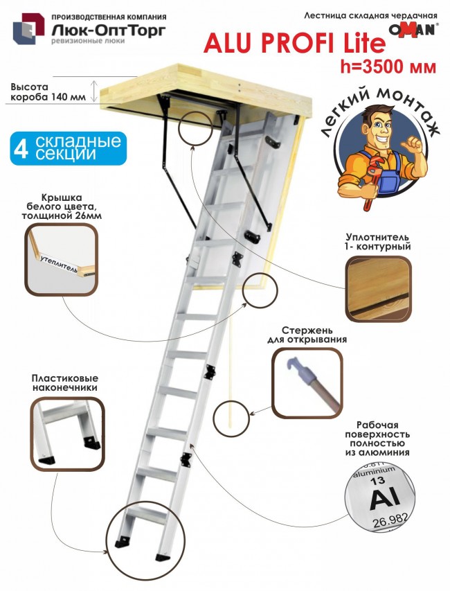 Чердачная лестница Oman ALU PROFI LITE h=3500