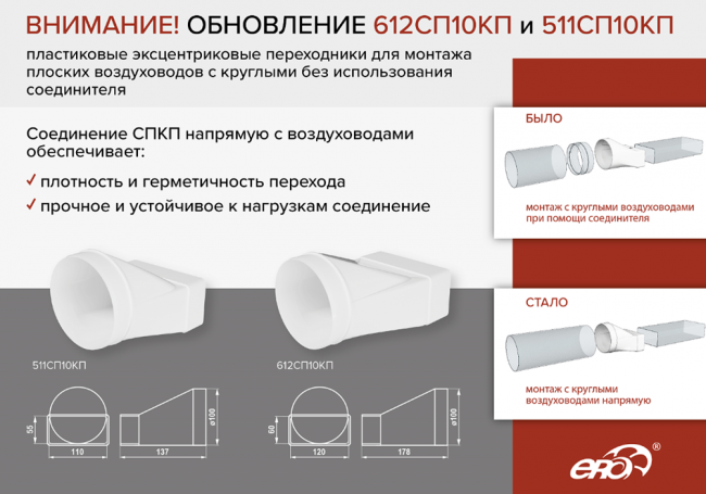 612СП10КП, Соединитель эксцентриковый плоского воздуховода с круглым пластик, 60х120/D100